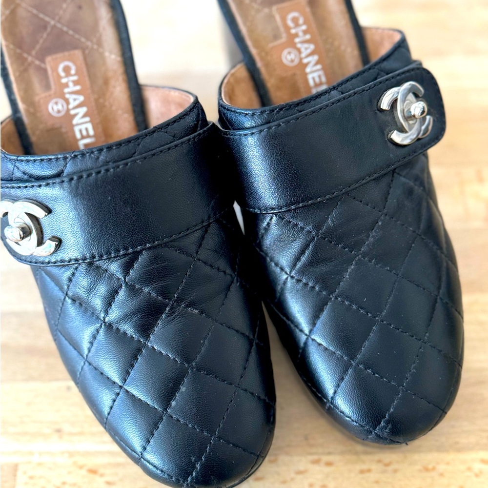 Authentic Chanel Clogs Black Quilted Leather with Silver Turn Lock
